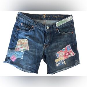 Y2K Boho Grunge Upcycled Patchwork Cut Off Jean Shorts – Medium Wash – 28